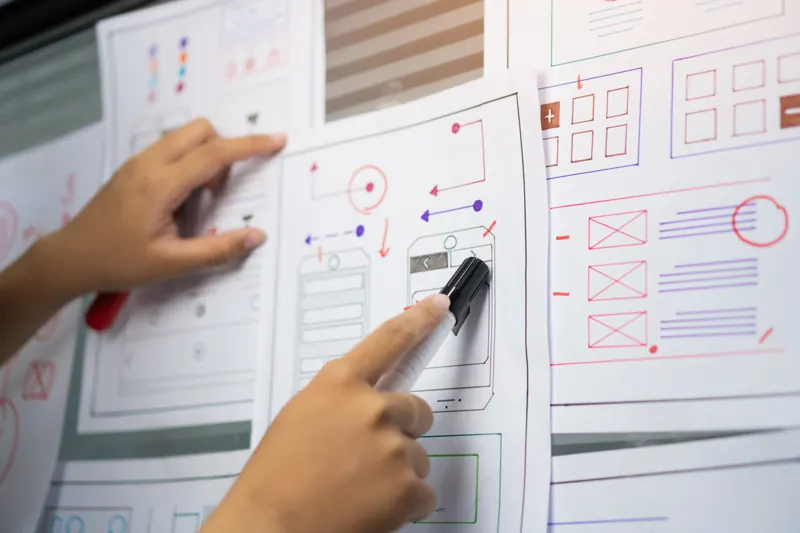 Designer desenhando o rascunho de telas de um aplicativo