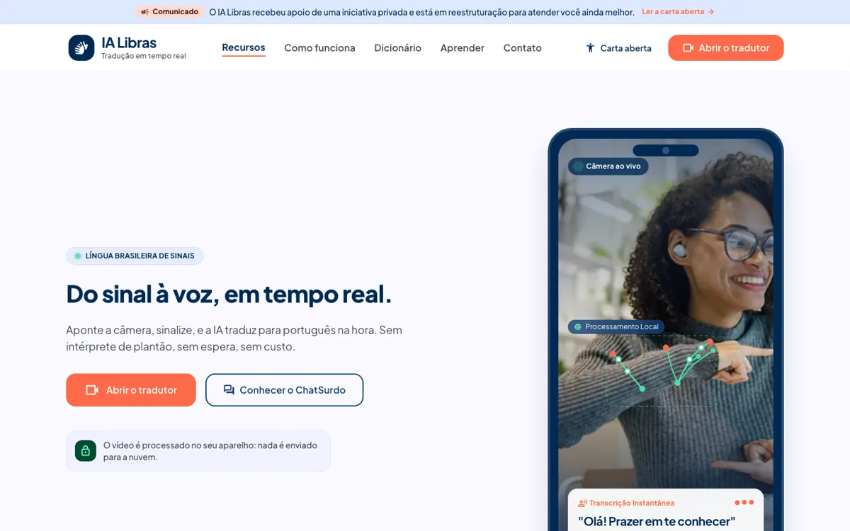 Página inicial do site IA Libras